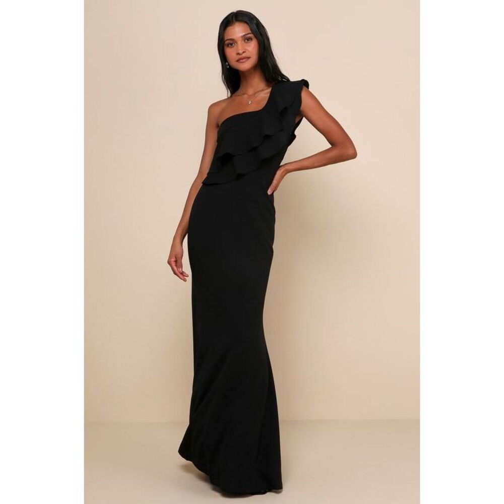 Lulus Grand Beauty Black Ruffled One-shoulder Mermaid Maxi Dress - Size M